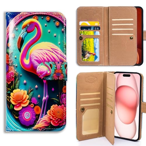 Bcov Case for iPhone 16,Pink Flamingo Flowers Mandala Multifunction Leather Phone Case Wallet Flip Cover with Multi Card Slots Pocket Wrist Strap for Apple iPhone 16 - color: Pink Flamingo Flowers Mandala