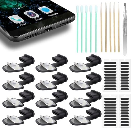 USB-C Plugs (12 PCS), Anti Lost Silicone USB Type C Port Plug Protector, USB C Dust Cover Caps Compatible with iPhone 15/16 / 17 Pro Max Plus, with Speaker Mesh Cover/Clean Tools