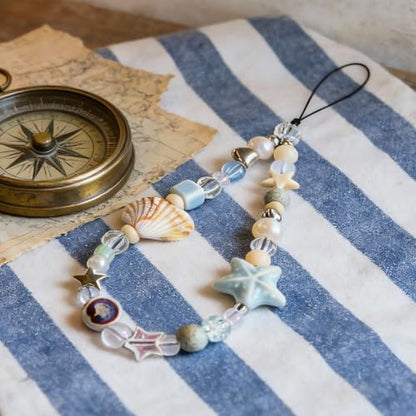 Cute Beaded Camera Wrist Strap for Phone, Digital Camera Charm Lanyard, Pearl Beaded Chain for Bag Keychain Gift - color: Blue Shell