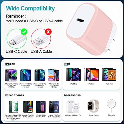 Fast Charger Block for iPhone 17e 17 Air Pro Max 16e 16 15 14 13 12 11 XR XS X 8 7 6,Samsung Galaxy A17,ZFold7,Flip7,Pixel 10a Pro,20W USB-C Power Adapter Fast Charging Box Travel Cube Wall Plug Brick - color: Pink