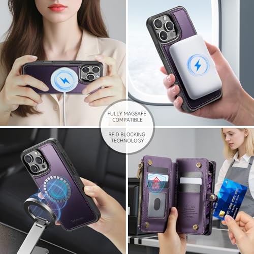 Defencase for iPhone 16 Pro Max Case Wallet Compatible with Magsafe, Purple | Drop-Proof Magnetic Detachable Phone Cases Cover, with RFID Bolcking Card Holder, Zipper Strap, PU Leather, Removable Wallet - color: (Detachable with Magsafe)-Purple