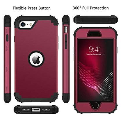 BENTOBEN for iPhone SE 2022 Case and iPhone SE 2020 Phone Case, Heavy Duty 3 in 1 Full Body Rugged Shockproof Hybrid Hard PC Soft Rubber Bumper Protective Girls Women Boy Men Cover, Wine Red/Burgundy - color: Black/Wine Red