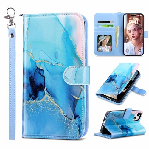 ULAK Compatible with iPhone 15 Plus Wallet Case, Marble | [RFID Blocking] Premium PU Leather Protective Folio Flip Cover with Card Holder Kickstand, Shockproof Protection - color: Marble, size: iPhone 15 Plus- 6.7 inch