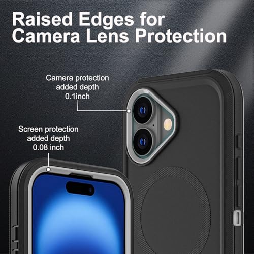 YKHJKLEC for iPhone 16 Case, Compatible with Magsafe, Military Grade 3 in 1 Heavy Duty Shockproof/Drop Proof/Dust Proof Case with 2Pcs Tempered Glass Screen Protector (New-Black/Grey) - color: New-Black/Grey