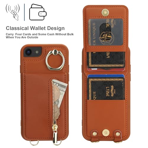 Crossbody Wallet Case for iPhone 7/8/SE 2020/SE 2022, with Card Slots Zipper Pocket Case, Flip Folio Purse RFID Blocking with Ring Kickstand Detachable Strap-Brown - color: Brown, size: iPhone 7/8/SE 2020/SE 2022 (4.7")