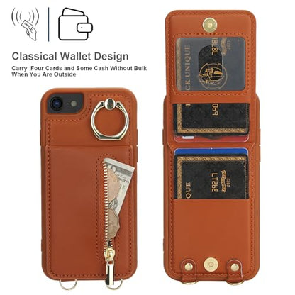 Crossbody Wallet Case for iPhone 7/8/SE 2020/SE 2022 with Lanyard Strap Card Slot Holder RFID Blocking Kickstand,Magnetic Flip Folio Zipper Purse Case, PU Leather Cover Handbag,Brown - color: Brown, size: iPhone 7/8/SE 2020/SE 2022(4.7")