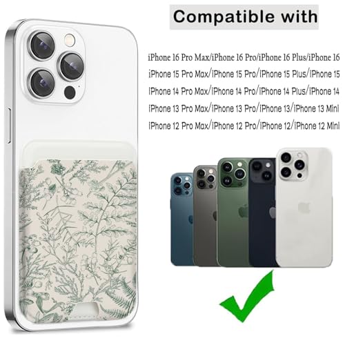 Compatible with Magsafe Cute Wallet Magnetic Card Holder,Green Floral - color: Green