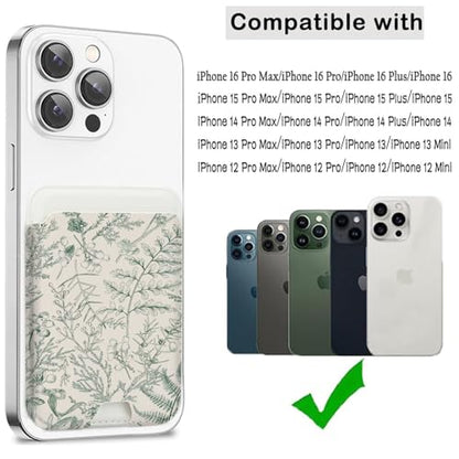 Compatible with Magsafe Cute Wallet Magnetic Card Holder,Green Floral - color: Green