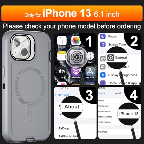 Follaroma for iPhone 13 Case with Stand & Built-in Camera Cover, MagSafe Compatible, Heavy-Duty Shockproof Protection, Magnetic & Rugged Phone Cover for iPhone 13 6.1'', Grey - color: Grey