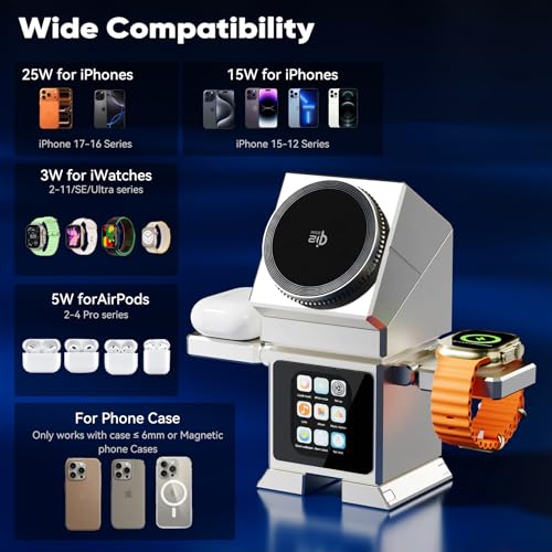 7-in-1 Robot Wireless Charging Station, Qi2.2 25W Magnetic Wireless Charger for iPhone 18-12 Series, AirPods & iWatch, Auto-Rotating Stand, Bluetooth Speaker & 2" Smart Display, 45W Adapter Included - color: Silver-T6D