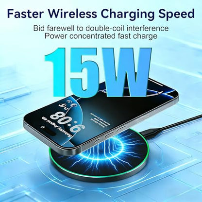 15W Qi-Certified Wireless Charging Pad, Fast Charger for iPhone & Samsung, Case-Friendly