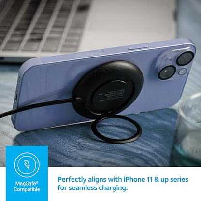 AT&T Magnetic Wireless Charging Pad with Built-in Ring Stand – 15W Fast Charging, USB-C PD Input, Case-Friendly Magnetic Design – Ideal for Desk, Travel, and Nightstand Use – Black - color: Black - Ring Stand