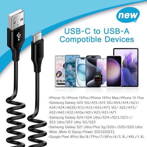 Samsung S24 Ultra FE Coiled USB C to USB A Cable Fast Charging for Galaxy S26 Ultra/S24+/S23/S22/S25,3FT Retractable Android Phone Car Charger Cord for iPhone 17 16 15 Pro Max Plus,Google Pixel 10/9/8