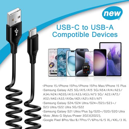 Samsung S24 Ultra FE Coiled USB C to USB A Cable Fast Charging for Galaxy S26 Ultra/S24+/S23/S22/S25,3FT Retractable Android Phone Car Charger Cord for iPhone 17 16 15 Pro Max Plus,Google Pixel 10/9/8