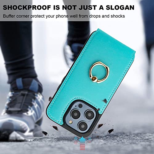 Folosu Compatible with iPhone 14 Pro Case Wallet with Card Holder, 360°Rotation Finger Ring Holder Kickstand, RFID Blocking Leather Protective Double Buttons Shockproof Cover 6.1 Inch Green - color: Mint Green, size: iPhone 14 Pro