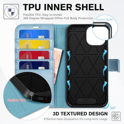 TUCCH Wallet Case for iPhone 15 6.1" 2023, 4 Card Holders, Shiny Light Blue | RFID Blocking, Viewing Stand, Shockproof TPU Shell, PU Leather, Magnetic Closure, Protective Folio Flip Cover - color: Blue - Shiny Blue
