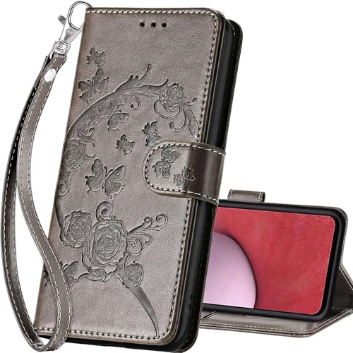 for Samsung Galaxy A14 5G Wallet case, Gray Flower | 3 Card Holders, Kickstand, Shockproof TPU Shell, PU Leather, Magnetic Closure, Protective Flip Folio Cover, Women - color: 9