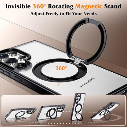Compatible with Clear Samsung Galaxy S25 Ultra Case with 360° Invisible Magnetic Ring Stand [Compatible with Mag-Safe] Shockproof Plating Phone Case for S25 Ultra 6.9",Black - color: Black, size: Samsung Galaxy S25 Ultra