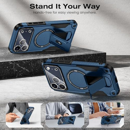 Caka 4-in-1 for iPhone 17 Pro Max Case with Belt Clip Holster and Stand | HD Glass Screen & Camera Lens Protector, Compatible with MagSafe, Hidden Kickstand, Rugged Heavy Duty Shockproof Phone Cover - color: Blue
