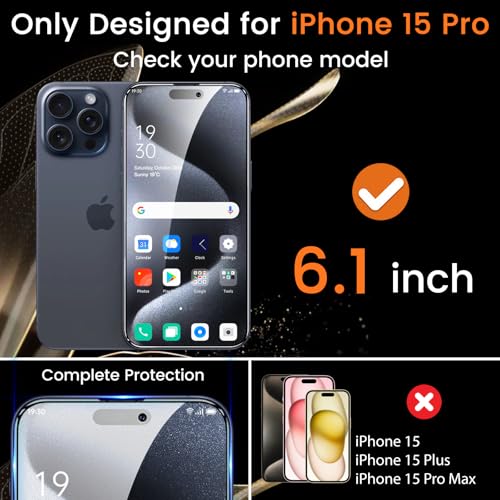Lesakit 4+4 Pack Privacy Screen Protector for iPhone 15 Pro 6.1-Inch with 4 Pack Camera Lens Protector, Anti Spy Tempered Glass Film 9H Hardness Case Friendly - size: iPhone 15 Pro
