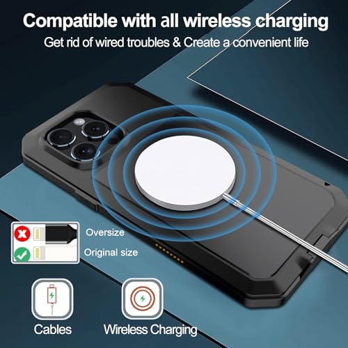 for iPhone 16 Pro Max Metal Case 6.9",Heavy Duty Shockproof Aluminum Alloy Tough Armour Military Phone Case,360 Full Body Protective Cover with Silicone Built-in Screen Protector - Black - color: Black