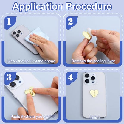 8 PCS Heart Charm Hook 4 Color Metal Phone Finger Hook Adhesive Cell Phones Ring Holder Heart-Shaped Sticky Grip Loop Smartphones Accessories Charm Loop Stand Keychain Ring for DIY Hanging