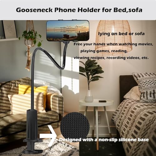 Gooseneck Phone Holder for Bed, Gooseneck Clip Adjustable Cell Phone Stand Universal 360 Flexible Mount for Desk Bedside Headboard Lazy Long Arm Clamp Bracket Filming,Cell Phone Bedstand Desk Mounts