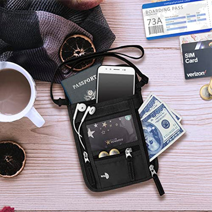 WALNEW Passport Holder Neck Pouch Travel Wallet for Women and Men, RFID Blocking Security Slim Traveling Wallet with Around Neck Lanyard Strap, Black - color: Black