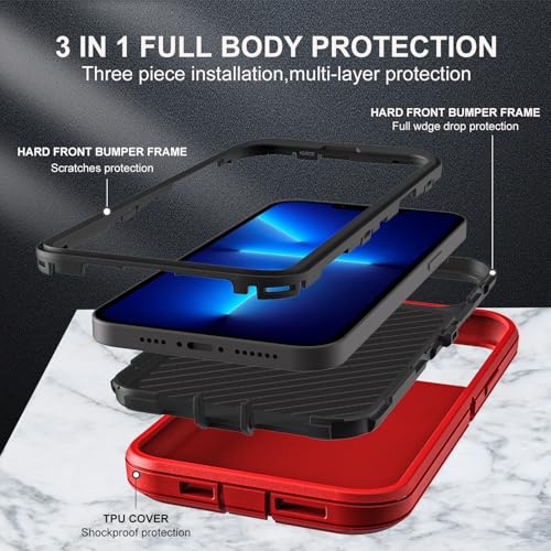 YKHJKLEC for iPhone 13 Pro Max Case, Compatible with Magsafe, Military Grade 3 in 1 Heavy Duty Shockproof/Drop Proof/Dust Proof Case with 2Pcs Tempered Glass Screen Protector (New-Red/Black) - color: New-Red/Black