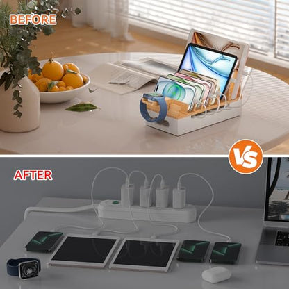 Bamboo Charging Station with 5 Port Charger HUB & 5 Cables-Natural + White - color: Natural + White