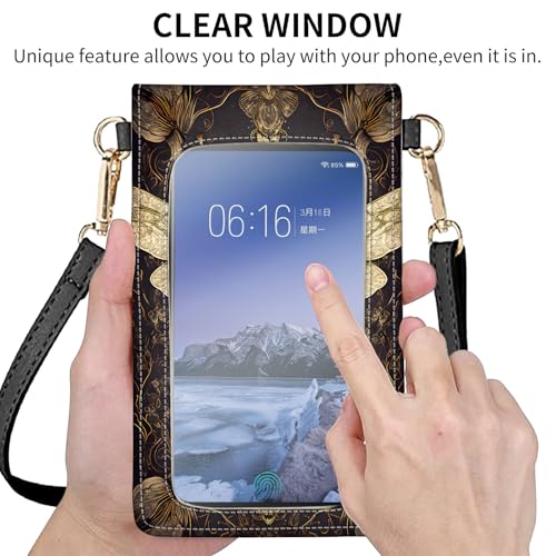 for Women Cell Phone Purse,with Touchscreen Cell Phone Purse,PU Leather Shoulder Bag Waterproof Phone Wallet Case with Clear Touch Screen Window up to 6.7 inch Smartphone, - color: Black and Gold Bees -249