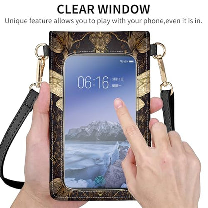 for Women Cell Phone Purse,with Touchscreen Cell Phone Purse,PU Leather Shoulder Bag Waterproof Phone Wallet Case with Clear Touch Screen Window up to 6.7 inch Smartphone, - color: Black and Gold Bees -249