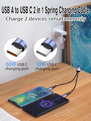 YACSEJAO 66W 90 Degree USB A to Multi USB C Spring Charging Cable, 6FT - style: USB A to 2 USB Type-C