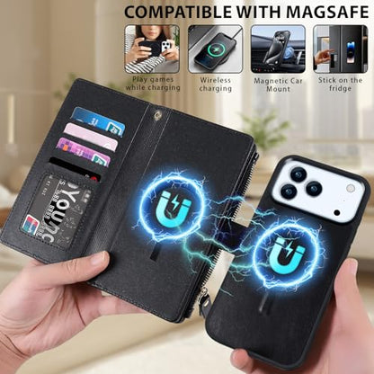 for iPhone 17 Pro Case Wallet,Compatible with MagSafe 2 in 1 Magnetic Detachable PU Leather RFID Blocking Wallet Cover Card Holder Zipper Wrist Strap Lanyard,Quilted Black - color: Quilted Black, size: iPhone 17 Pro