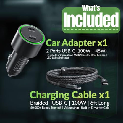 145W USB C Car Charger Charges Two Devices with 100W and 45W Outputs