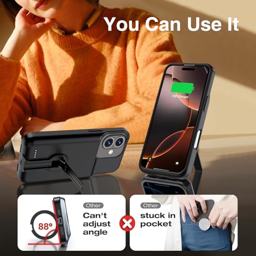 BOPPS Battery Case for iPhone 16 Pro with Stand，Slim Powerful 8500mAh Portable Rechargeable Protective Extended Charger Cover for iPhone 16 Pro Charging Case,Black
