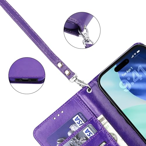 Bocasal Detachable Wallet Case Card Holder for iPhone 17 Pro, Purple | RFID Blocking Kickstand Card Slots Holder PU Leather Magnetic Shockproof Wrist Strap Removable Flip Protective Cover 6.3 inch - color: Purple