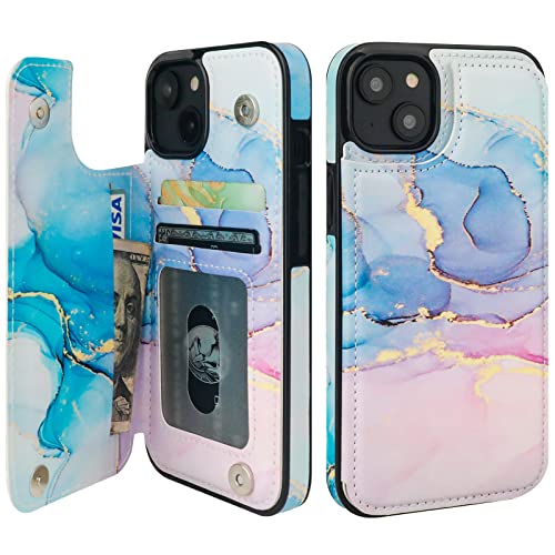 HAOPINSH for iPhone 14 Wallet Case with Card Holder, Pink Blue Marble Pattern Back Flip Folio PU Leather Kickstand Card Slots Case for Women Girls, Double Magnetic Clasp Shockproof Cover 6.1" - color: Pink Blue Marble