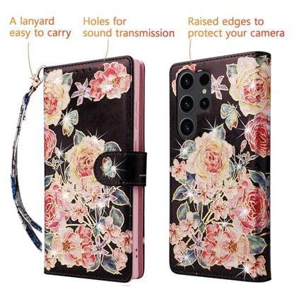 UEEBAI Wallet Case for Samsung Galaxy S23 Ultra 5G, PU Leather Phone Case Kickstand RFID Blocking Flip Case with Card Slots Wrist Strap Relief Engraved Pattern Magnetic Closure Folio Case - Black Rose - color: Black Rose, size: Samsung Galaxy S23 Ultra 5G