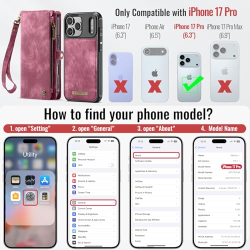 Compatible with iPhone 17 Pro Wallet Case with Magsafe,Red | Magnetic Detachable Case,Card Holder,Zipper Pocket,Strap Wristlet, Soft Leather Drop-Proof Phone Case for iPhone 17 Pro 6.3" - color: (Detachable and Magsafe)-Red, size: iPhone 17 Pro 6.3 Inch