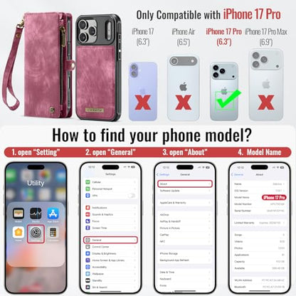 Compatible with iPhone 17 Pro Wallet Case with Magsafe,Red | Magnetic Detachable Case,Card Holder,Zipper Pocket,Strap Wristlet, Soft Leather Drop-Proof Phone Case for iPhone 17 Pro 6.3" - color: (Detachable and Magsafe)-Red, size: iPhone 17 Pro 6.3 Inch