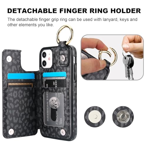 HAOPINSH for iPhone 11 Wallet Case with Card Holder, Black Leopard Cheetah Print Back Flip Folio PU Leather Kickstand Card Slots Case, Finger Grip Ring Double Magnetic Clasp Shockproof 6.1" - color: Black Leopard Grip Ring