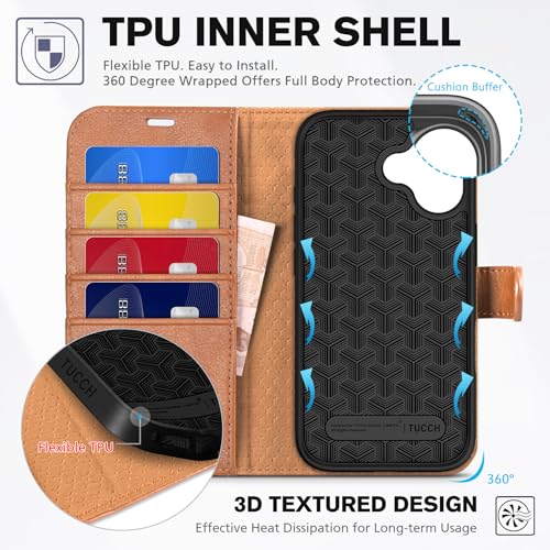 TUCCH Case Wallet for iPhone 17 6.3" 2025, RFID Blocking Folio, Light Brown | 4 Card Holders, Kickstand, PU Leather, Magnetic Closure, Shockproof TPU Shell, Protective Flip Cover - color: Textured Light Brown