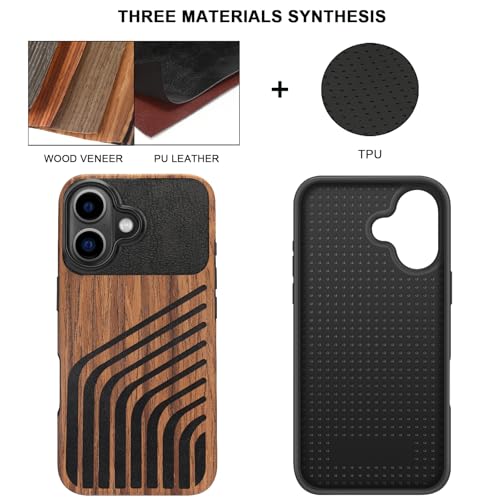 TENDLIN Compatible with iPhone 16 Phone Case Wood Grain with Carbon Fiber Texture Design Leather Hybrid Slim Case (Hairline) - color: Hairline, size: iPhone 16