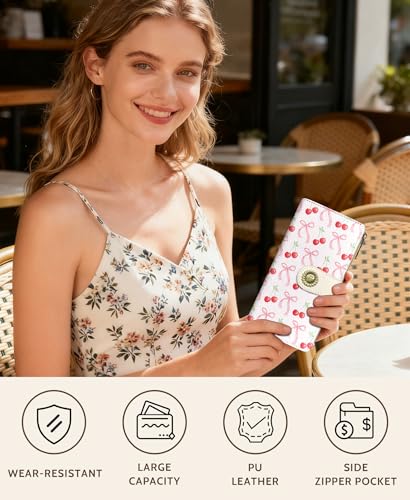 GIANCOMICS Cute Womens Wallet RFID Blocking, Bow Credit Card Holder Bifold | Billfold, Cute Cash Purse, Travel Zipper Coin Pocket, Compact Clutch, PU Leather, ID Window, 11 Card Slots, Ladies Gift Woman - color: Bows and Cherry