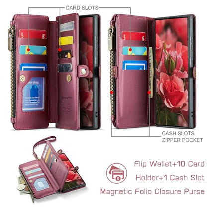 Defencase for Samsung Galaxy S25 Ultra Wallet Case with Card Holder, W-Red | with RFID Blocking Zipper Pocket, Durable PU Leather, Wrist Strap, S25 Ultra Flip Phone Cases Cover with Stand for Women Men - color: Wine Red