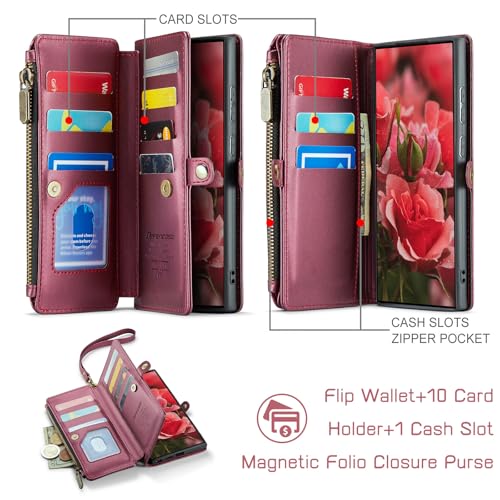 Defencase for Samsung Galaxy S25 Ultra Wallet Case with Card Holder, W-Red | with RFID Blocking Zipper Pocket, Durable PU Leather, Wrist Strap, S25 Ultra Flip Phone Cases Cover with Stand for Women Men - color: Wine Red