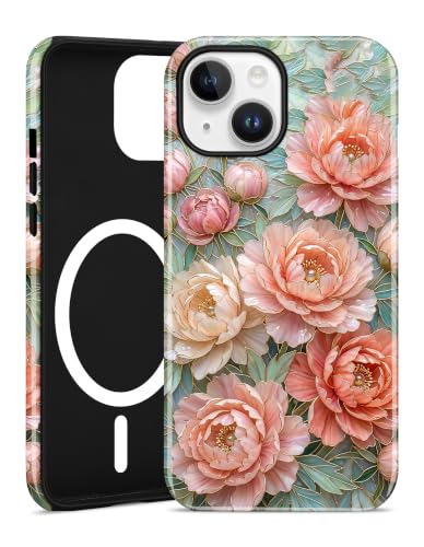 Magnetic Flower Phone Case for iPhone 15, Pink Peony | Compatible with MagSafe, Cute Stained Glass Floral Aesthetic Design, TPU and PC Protective Shockproof Cover - color: Pink Peony