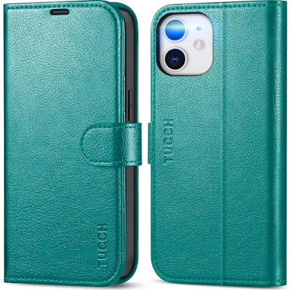TUCCH Case Wallet for iPhone 12/12 Pro 6.1" 2020, RFID Blocking Folio, Cyan | 3 Card Holders, Kickstand, PU Leather, Magnetic Closure, Shockproof TPU Shell, Protective Flip Cover - color: Cyan - Textured