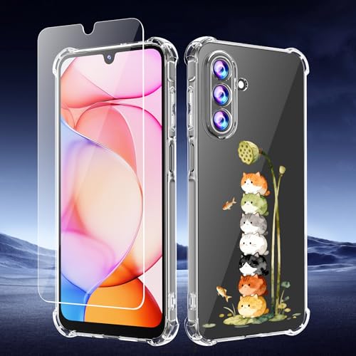 Phone Case for Samsung Galaxy A17 5G Case, Samsung A17 5G Case with Tempered Glass Screen Protector, Soft Flexible TPU Slim Fit Shockproof Phone Cover for Women Men Girl Boy (Clear-Cat) - color: Clear-Cat